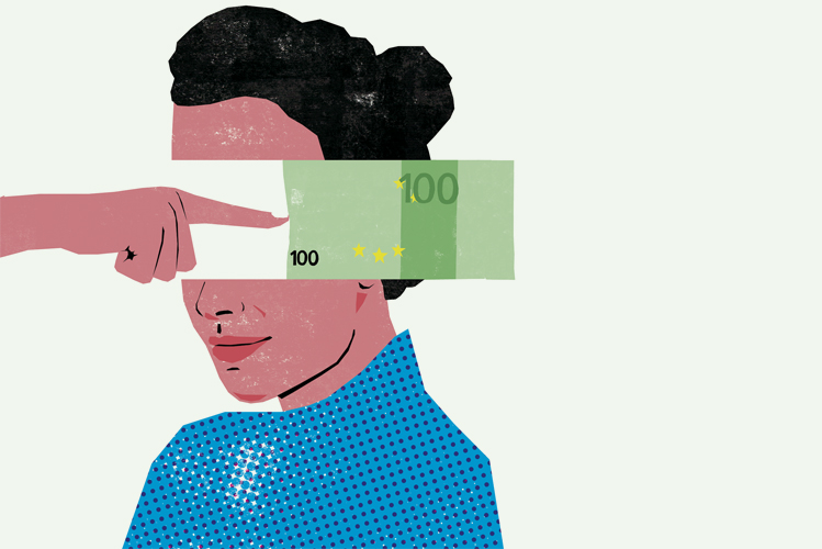 Illustration zeigt Frauenkopf und eine Hand, die einen Geldschein vor die Augen der Frau hält