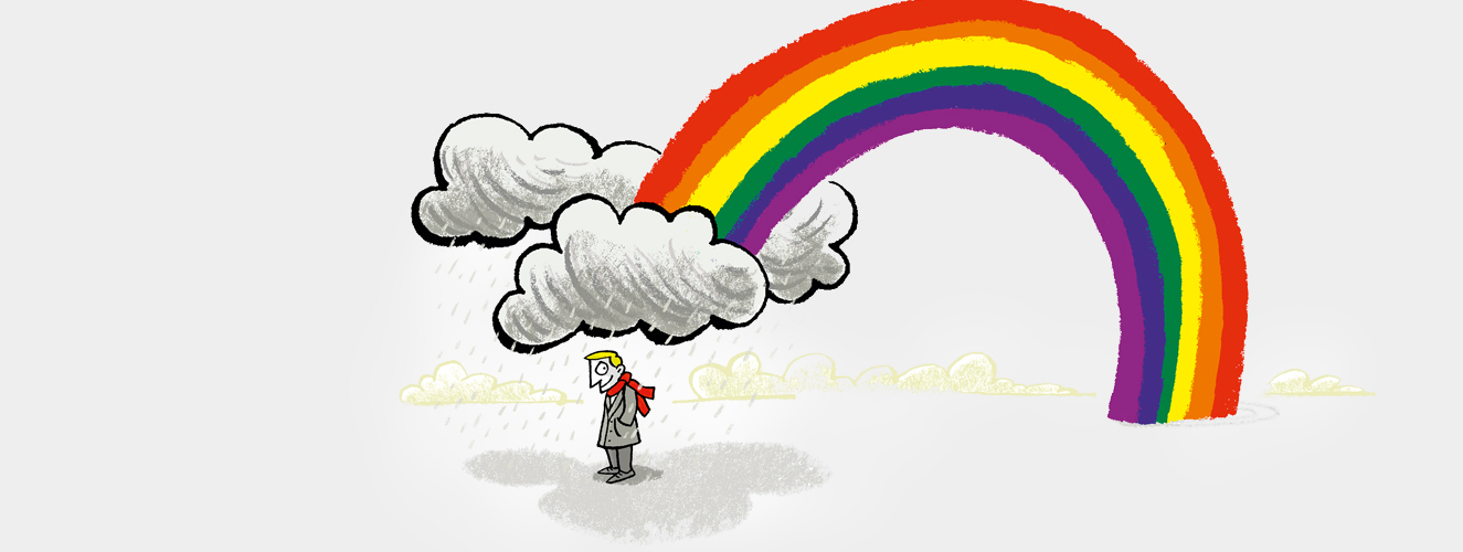 Illustration zeigt einen Mann, der unter Regenwolken und einem Regenbogen steht.