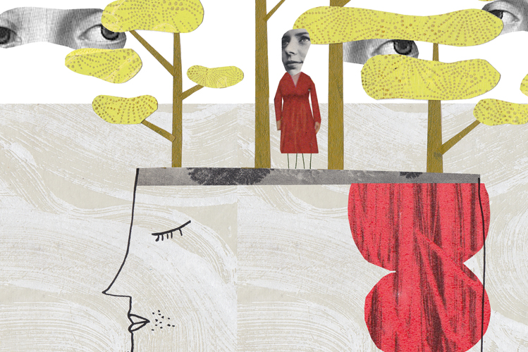 Die Illustration zeigt einen Kopf, auf dem Bäume und eine Person sowie viele Augenpaare sind.