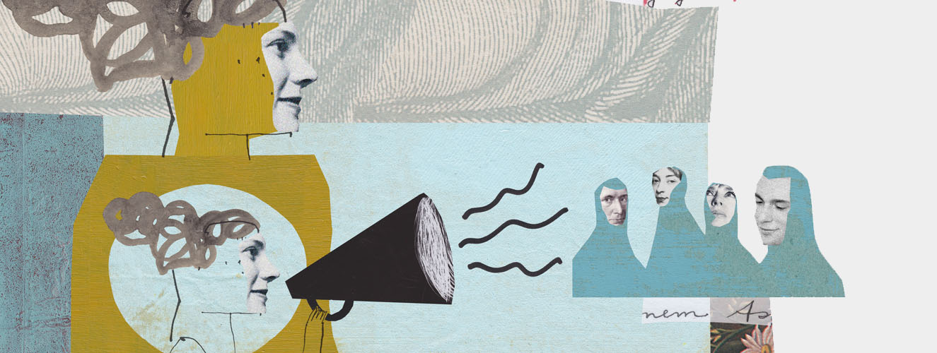 Die Illustration zeigt eine Frau mit Megaphon, die laut einer Menschengruppe etwas zuruft