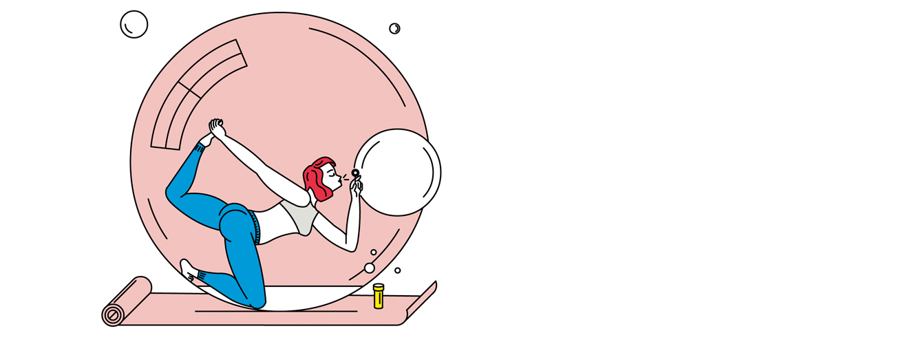 Die Illustration zeigt eine junge Frau, die auf einer Matte in einer großen Seifenblase Yoga macht und dabei sorglos weitere Seifenblasen macht