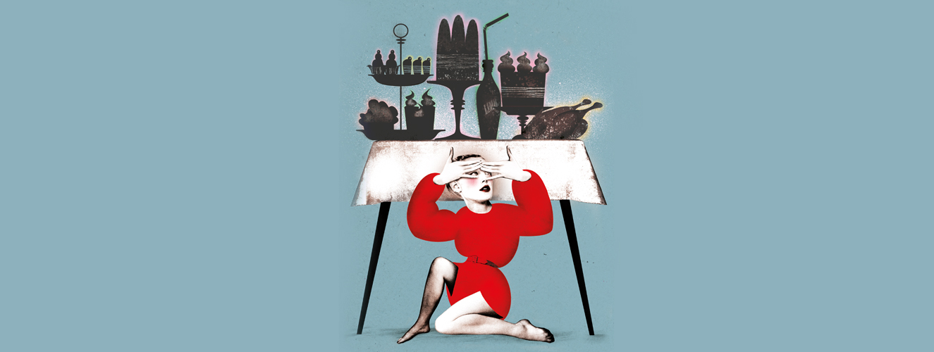 Illustration zeigt eine Frau, die verstohlen auf einen Tisch mit kulinarischen Köstlichkeiten schaut