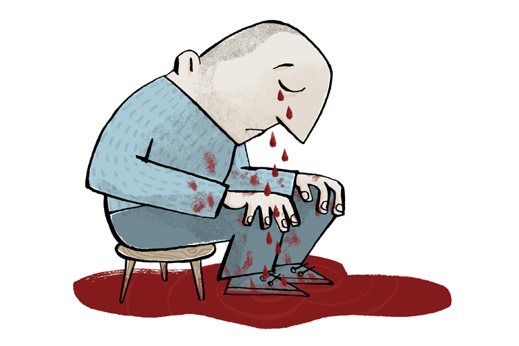Die Illustration zeigt einen Mörder, der auf einem Hocker sitzt und blutige Tränen weint