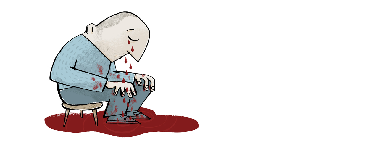 Die Illustration zeigt einen Mörder, der auf einem Hocker sitzt und blutige Tränen weint