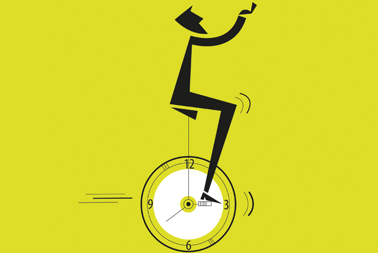 Die Illustration zeigt einen Berufspendler, der auf einer Uhr als Einrad balanziert