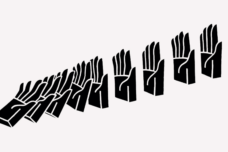 Die Illustration zeigt schwarze Hände, die in einer Domino-Reihe stehen, wobei die ersten Hände umfallen und die dahinterstehenden mitreißen