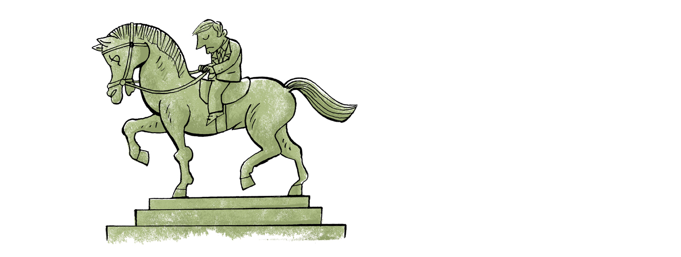 Die Illustration zeigt einen Mann mit Anzug und gesenktem Kopf als traurige und einsame Heldenstatue auf Pferd 