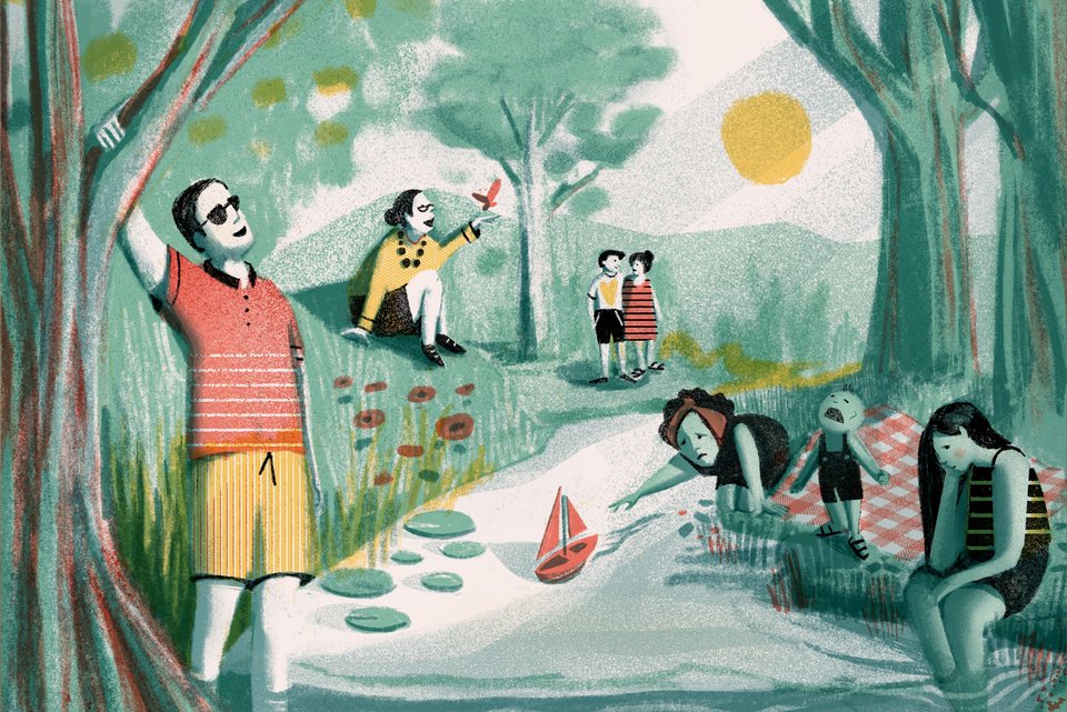 Die Illustration zeigt einen Vater mit seinem Kind im Museum, der auf ein Gemälde schaut, auf dem ein Familienausflug in der Natur zu sehen ist und alle Familienmitglieder unterschiedliche Launen haben