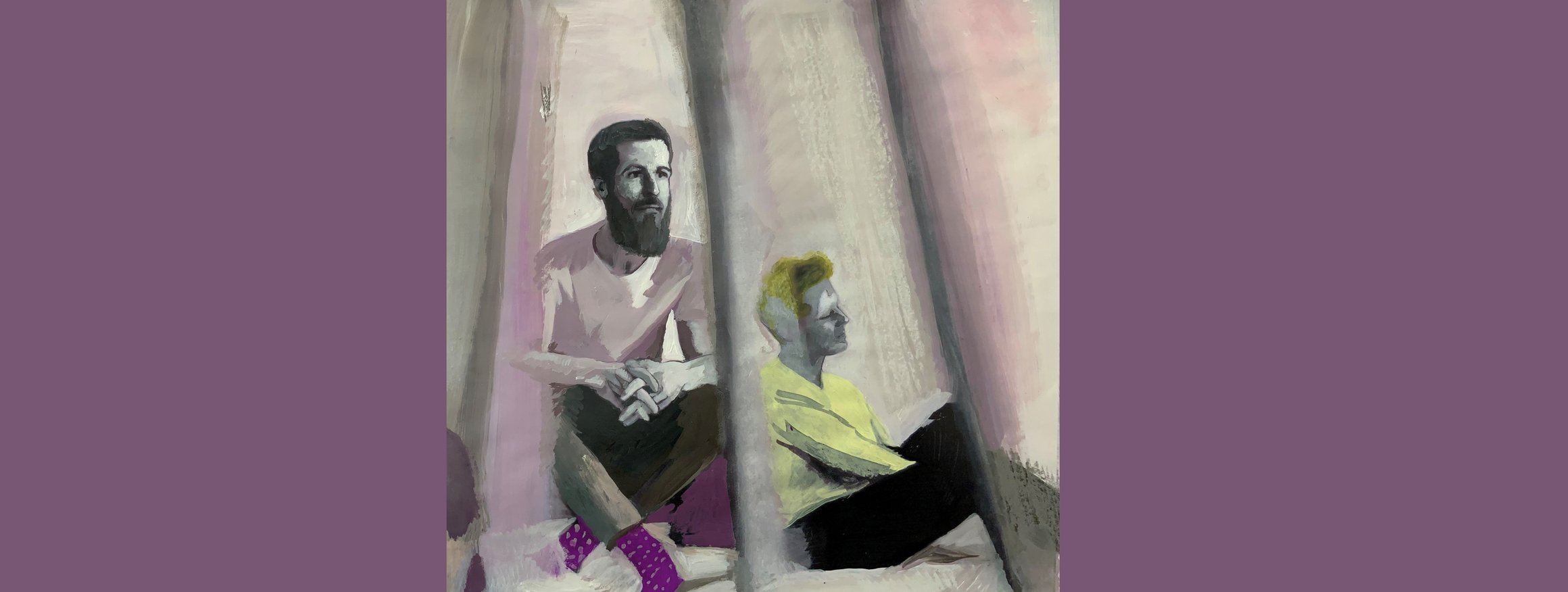 Die Illustration zeigt zwei Männer, die nachdenklich und entspannt auf dem Boden sitzen, an eine Wand gelehnt.
