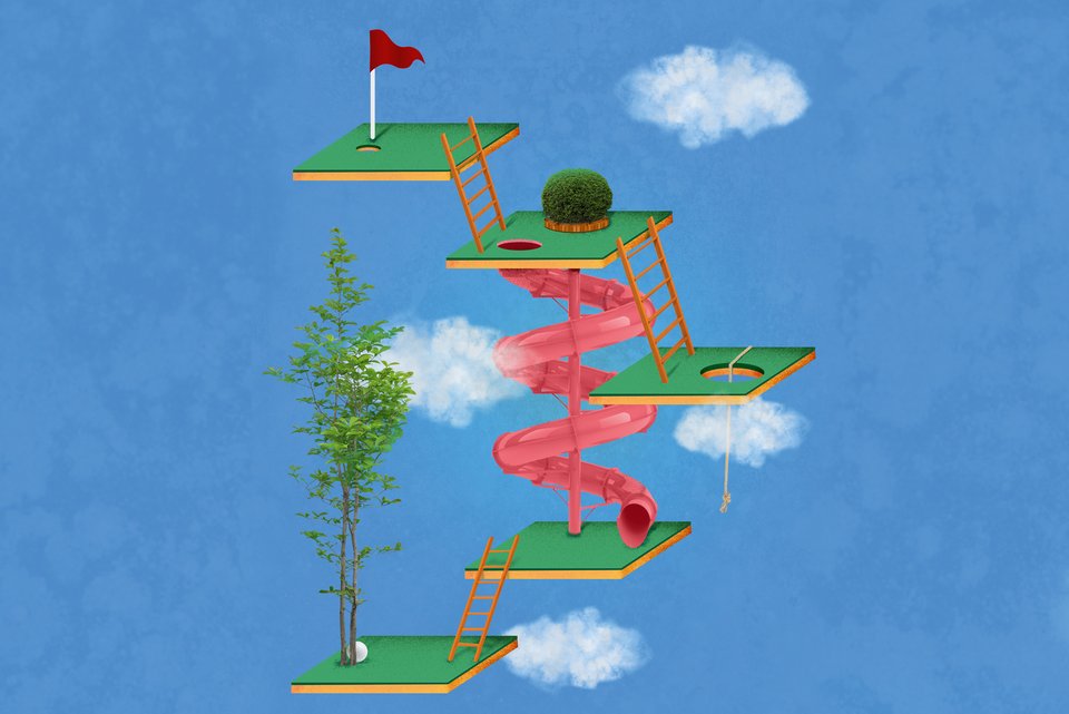 Die Illustration zeigt einen kleinen Golfplatz in Etappen als Stufenleiter, die im Himmel schwebt
