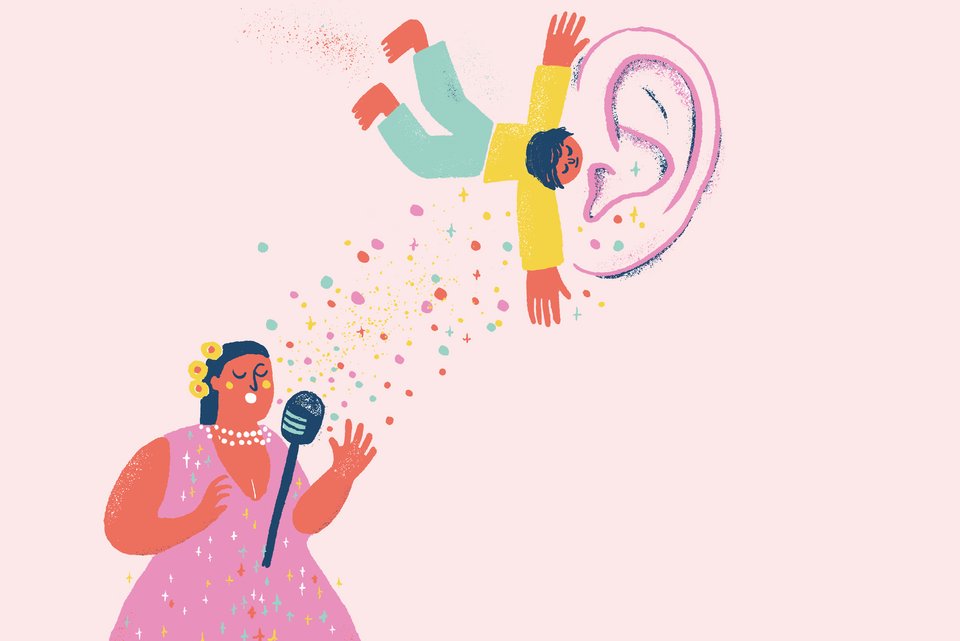 Die Illustration zeigt eine Opernsängerin vor dem Mikrophon und einen Mann der zu einem Ohr fliegt