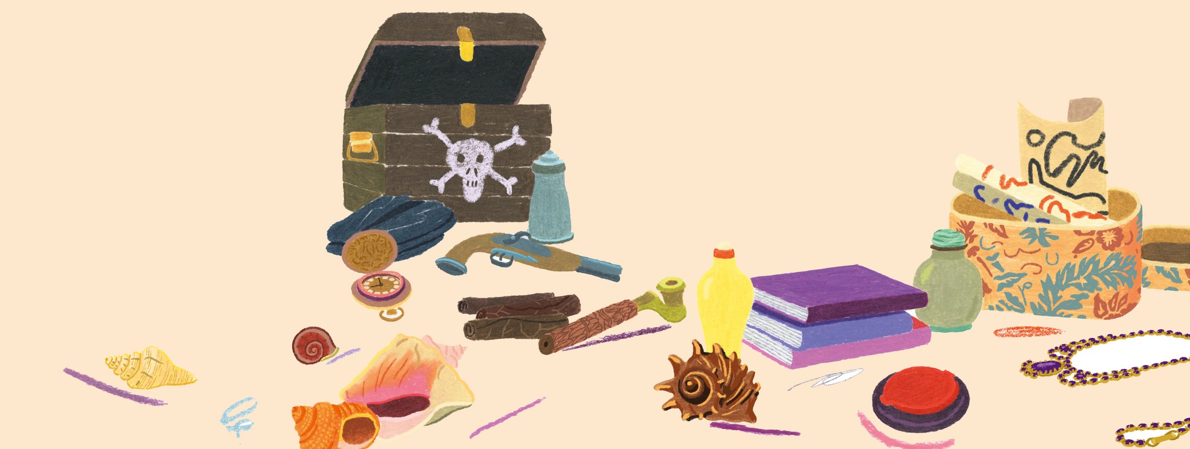 Die Illustration zeigt eine Schatzkiste aus Holz mit einem Totenkopf darauf gemalt, daneben liegen eine Uhr, eine Schusswaffe, Thermoskanne, ein Buch andere Dinge