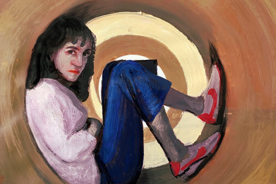 Die Illustration zeigt eine junge Frau, die lässig in einer Röhre sitzt 