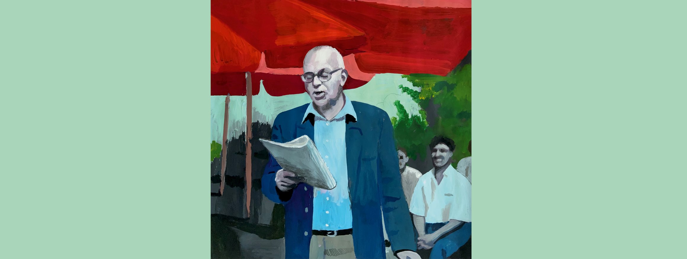Die Illustration zeigt einen älteren Mann, gekleidet mit Hemd und Blazer, der eine Brille trägt, und laut etwas vor einer Gruppe Menschen vorliest