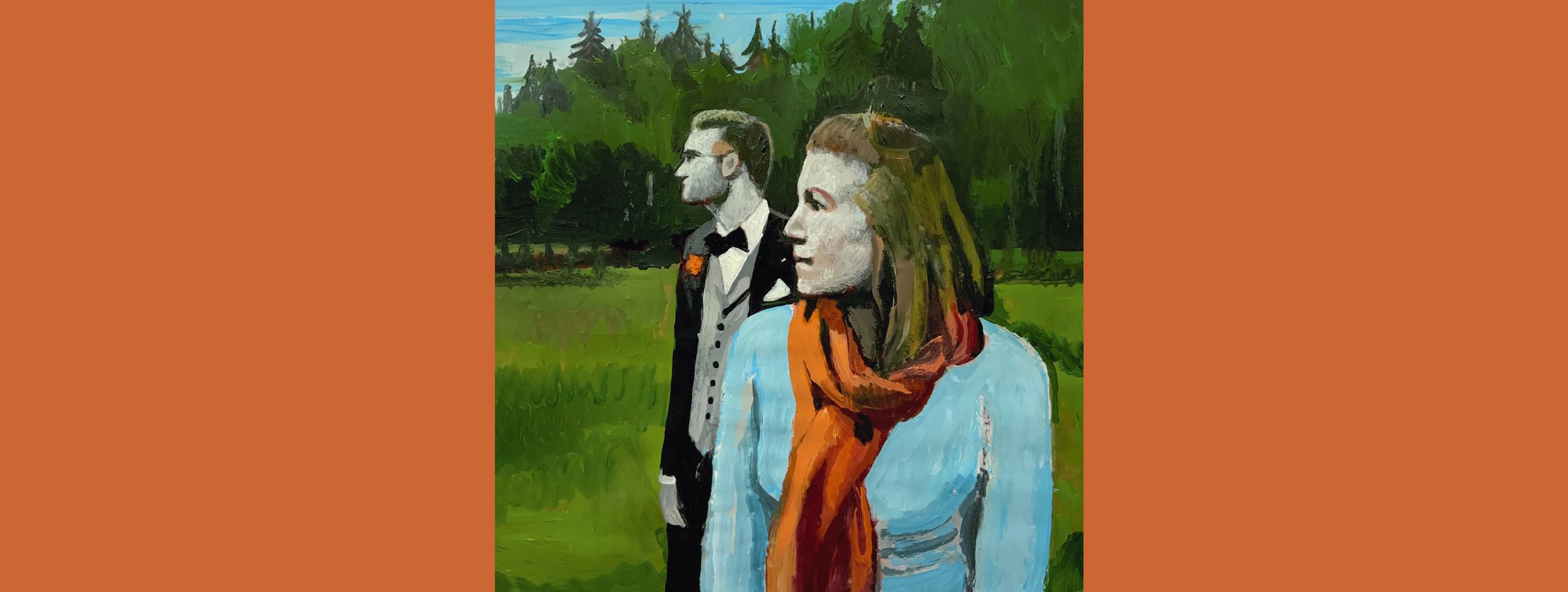 Die Illustration zeigt eine Frau mit einem Mann im Hintergrund auf einer Wiese am Wald, und beide schauen in die selbe Richtung