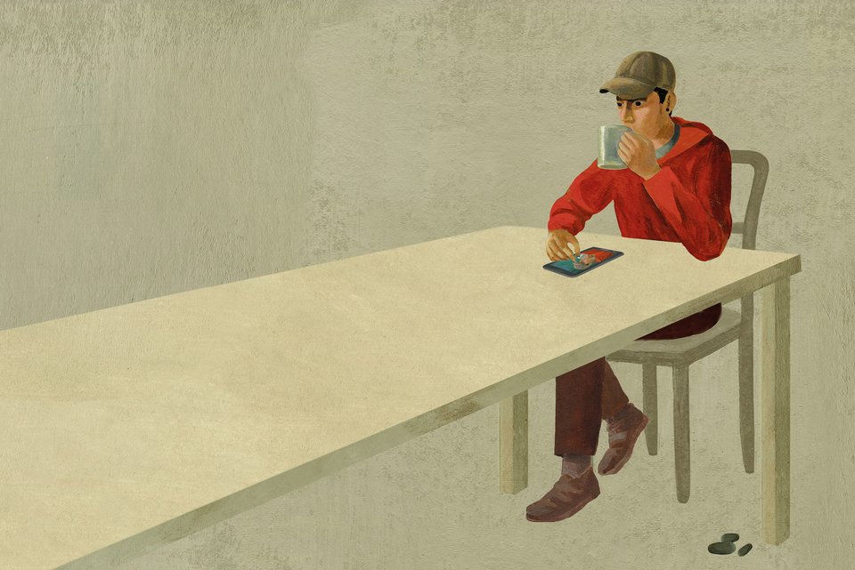 Die Illustration zeigt einen Jugendlichen Kaffee trinkend, einsam an einem großen Tisch und schaut dabei auf sein Smartphone