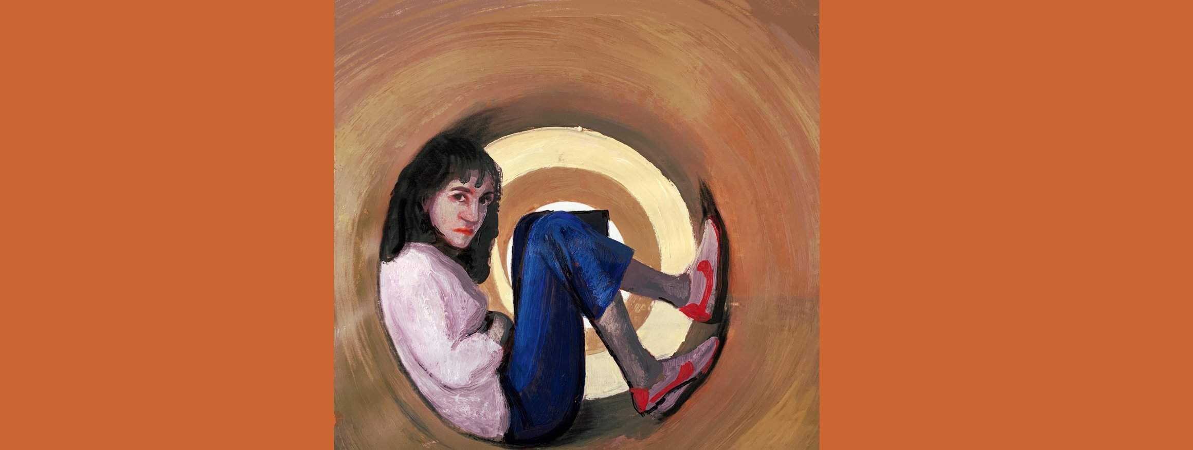 Die Illustration zeigt eine junge Frau, die lässig in einer Röhre sitzt 