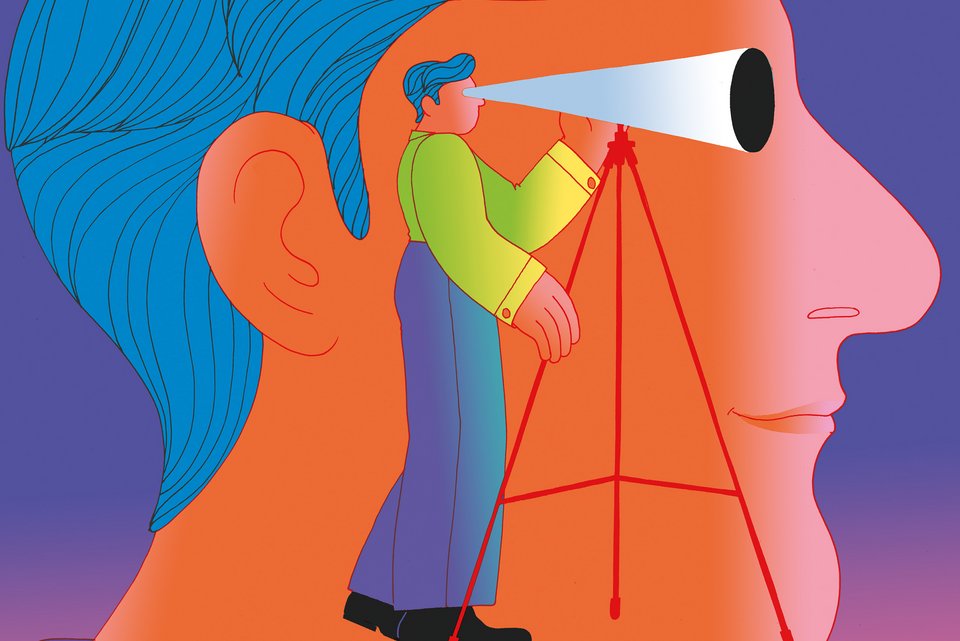 Die Illustration zeigt einen Mann in einem großen Kopf, der die Augen als Fernrohr benutzt