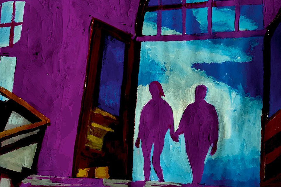 Die Illustration zeigt einen Mann und eine Frau, die Hand in Hand durch einen Eingang in ein Gebäude gehen