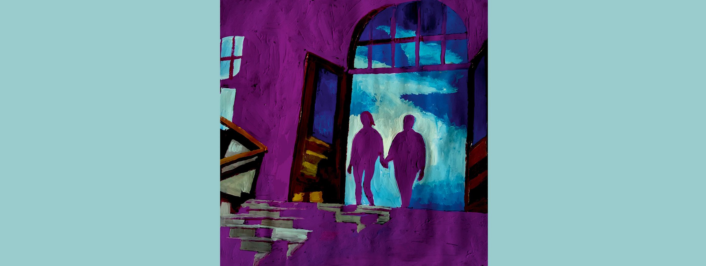 Die Illustration zeigt einen Mann und eine Frau, die Hand in Hand durch einen Eingang in ein Gebäude gehen