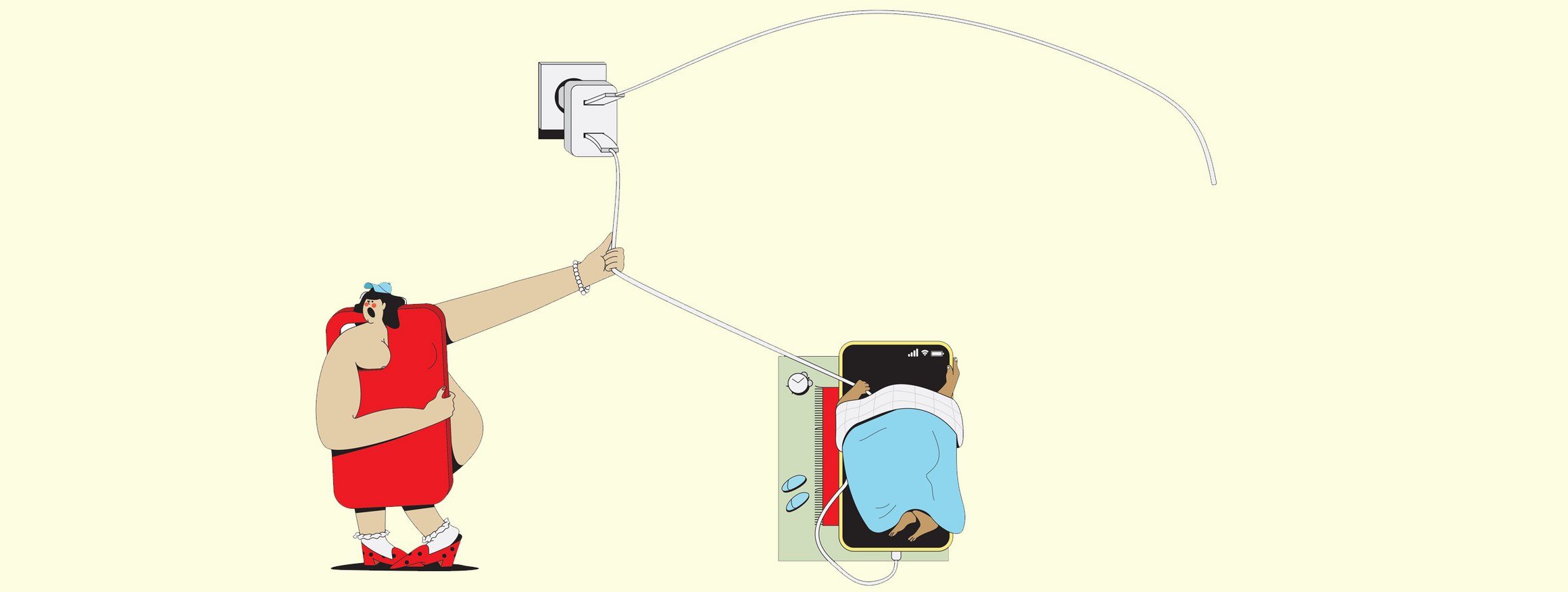 Die Illustration zeigt eine Mädchen, dass an einem Kabel zieht, das mit einem Smartphone verbunden ist