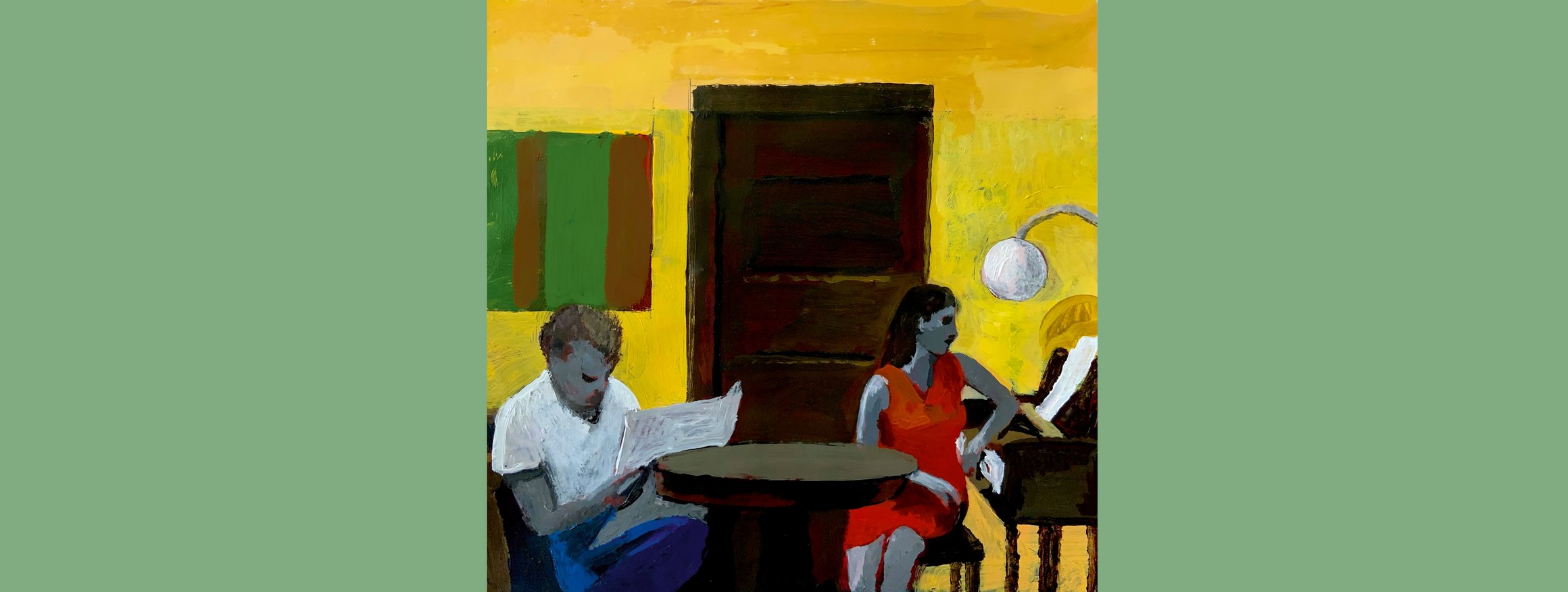 Die Illustration zeigt ein Mann, der eine Zeitung liest und eine Frau, die gegenübersitzt und auf ein Klavier schaut