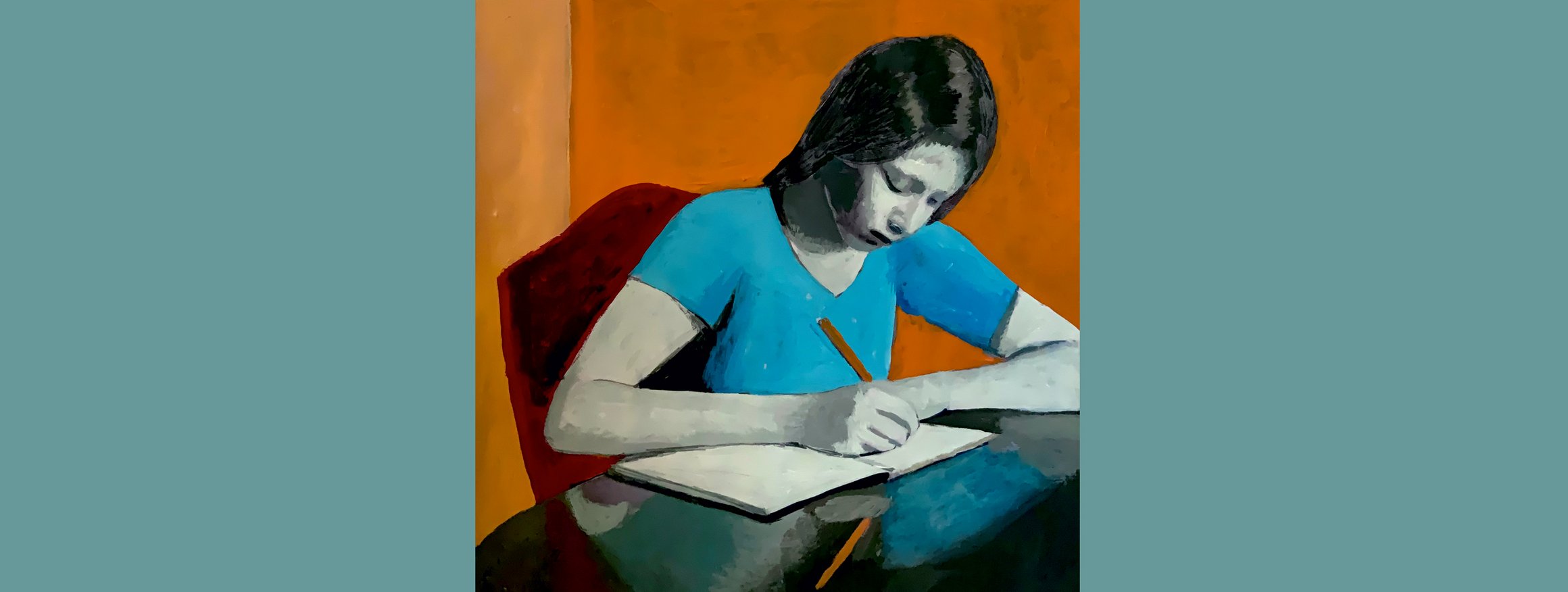 Die Illustration zeigt eine junge Frau im blauen T-Shirt, die an einem Tisch sitzt und in ein Notizbuch schreibt