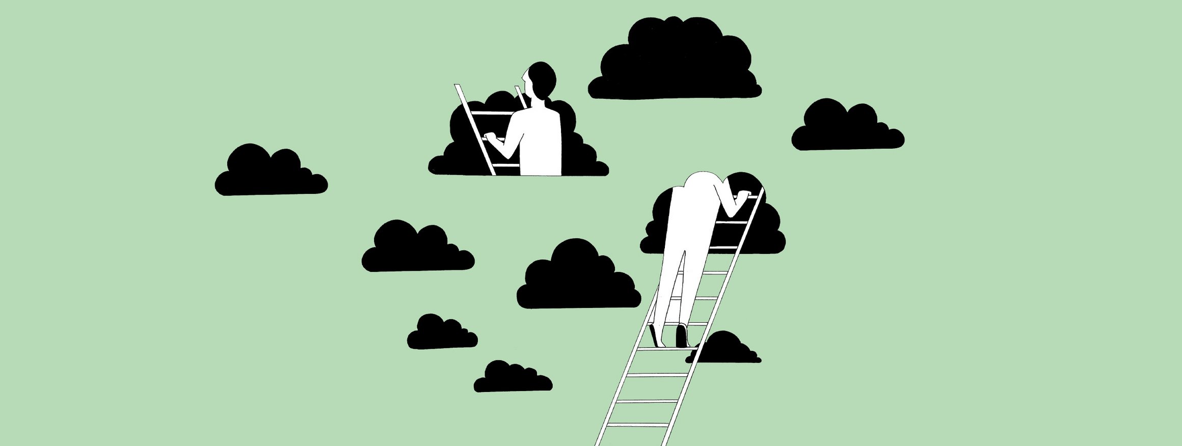 Die Illustration zeigt einen Mann auf der Leiter, der hoffnungsvoll in eine schwarze Wolken steigt