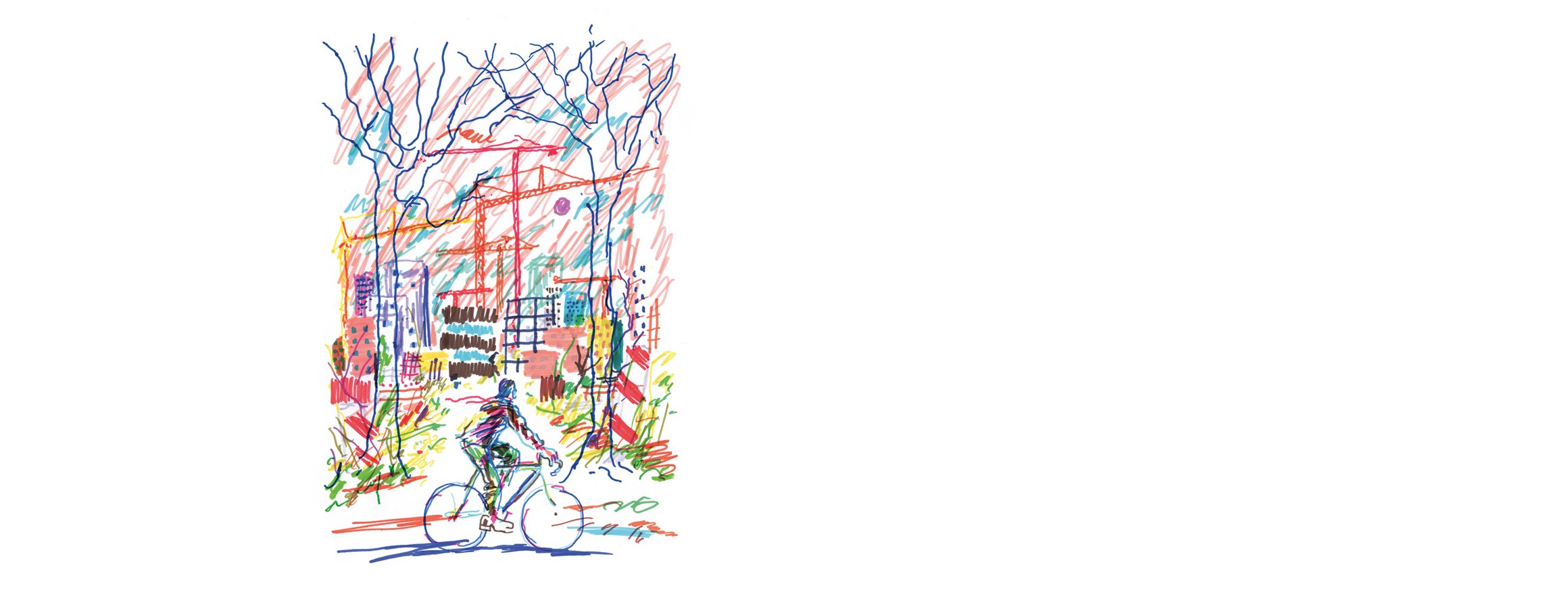 Die Illustration zeigt einen Radfahrer vor einer Stadtkulisse mit Häusern, Baukränen und Bäumen