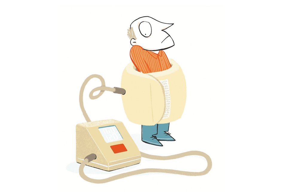 Die Illustration zeigt einen Mann, der in ein Blutdruckmessgerät gezwängt ist und ängstlich auf das Gerät schaut