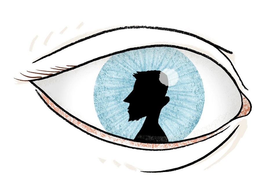 Die Illustration zeigt ein sehr großes, blaues Auge, darin ist eine schwarze, männliche Figur mit einem islamistisch anmutenden Bart zu sehen