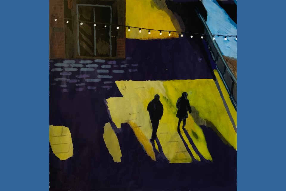 Das Gemälde von Andrea Venture zeigt zwei dunkle Gestalten an einer Häuserwand mit Schatten.