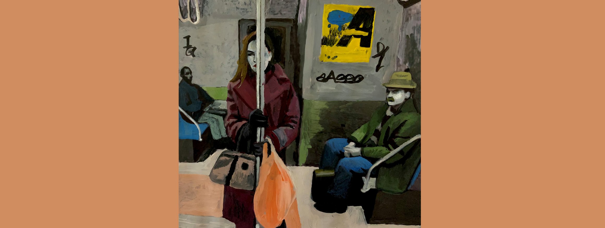 Die Illustration zeigt zwei Personen, die in einer Straßenbahn sitzen, und eine Frau, die steht und sich an der Stange festhält