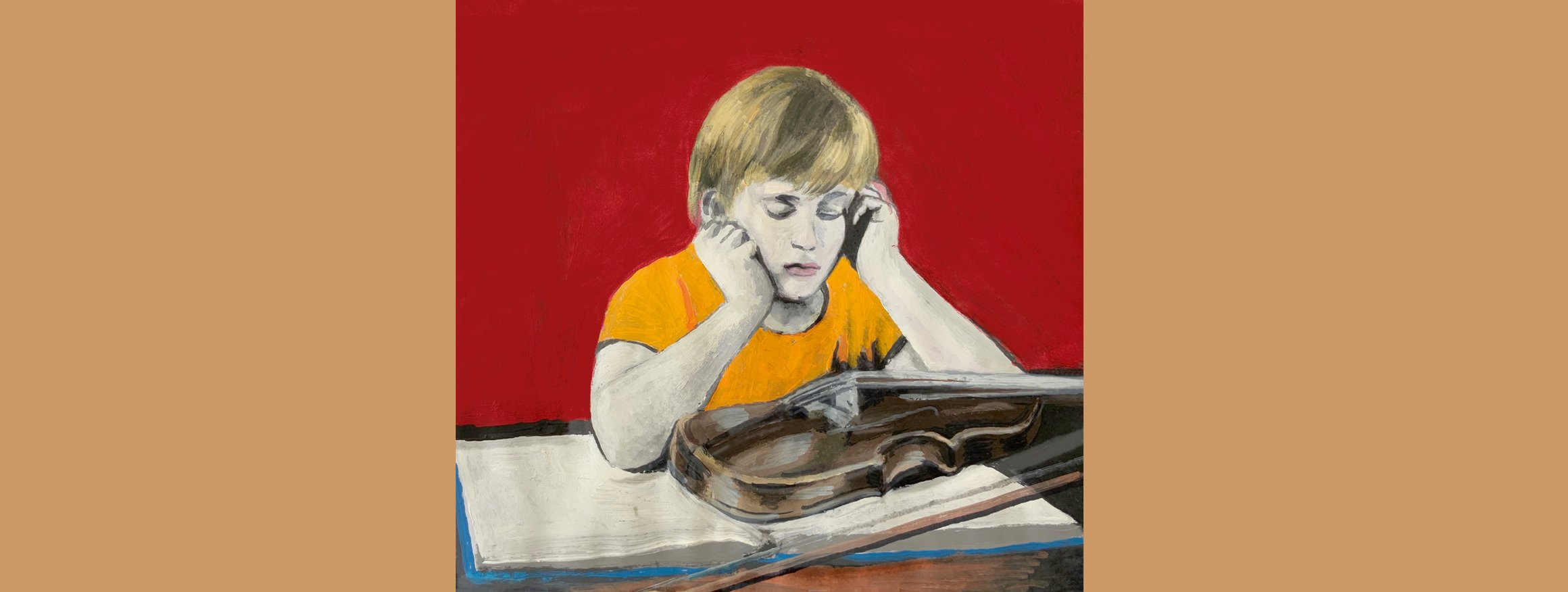 Die Illustration zeigt ein Kind, dass mit einer Geige vor einem Buch sitzt, die Hände auf den Kopf gestützt