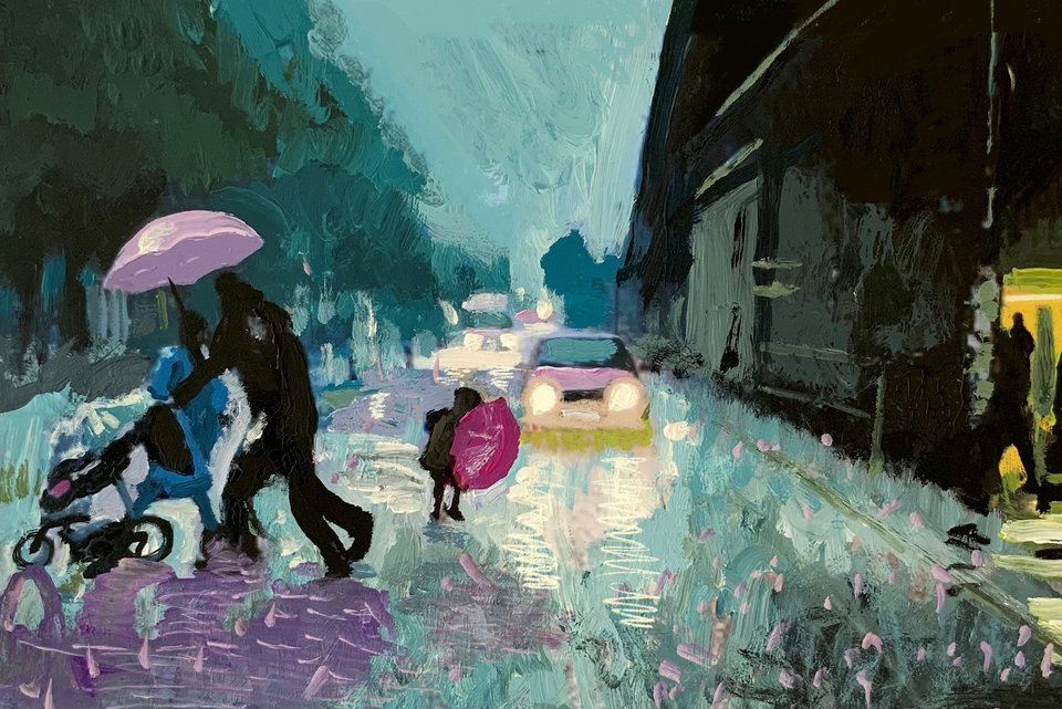 Die Illustration zeigt eine Straßenszene bei düsterem Regenwetter mit Fußgängern, Kinderwagen, Autos und Regenschirmen
