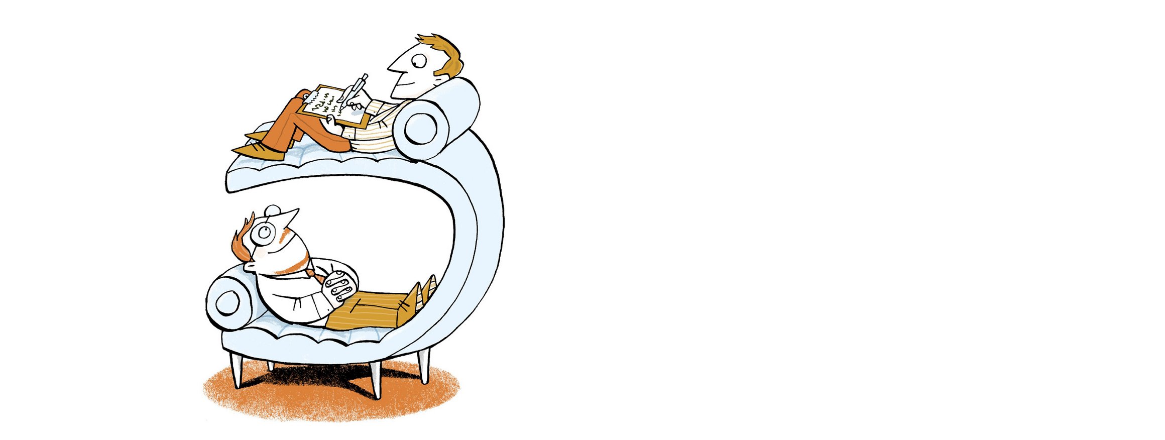 Die Illustration zeigt einen Psychotherapeuten auf dem Sofa mit Block und Stift in der Hand, der einem Klienten zuhört, der ebenfalls Psychotherapeut ist