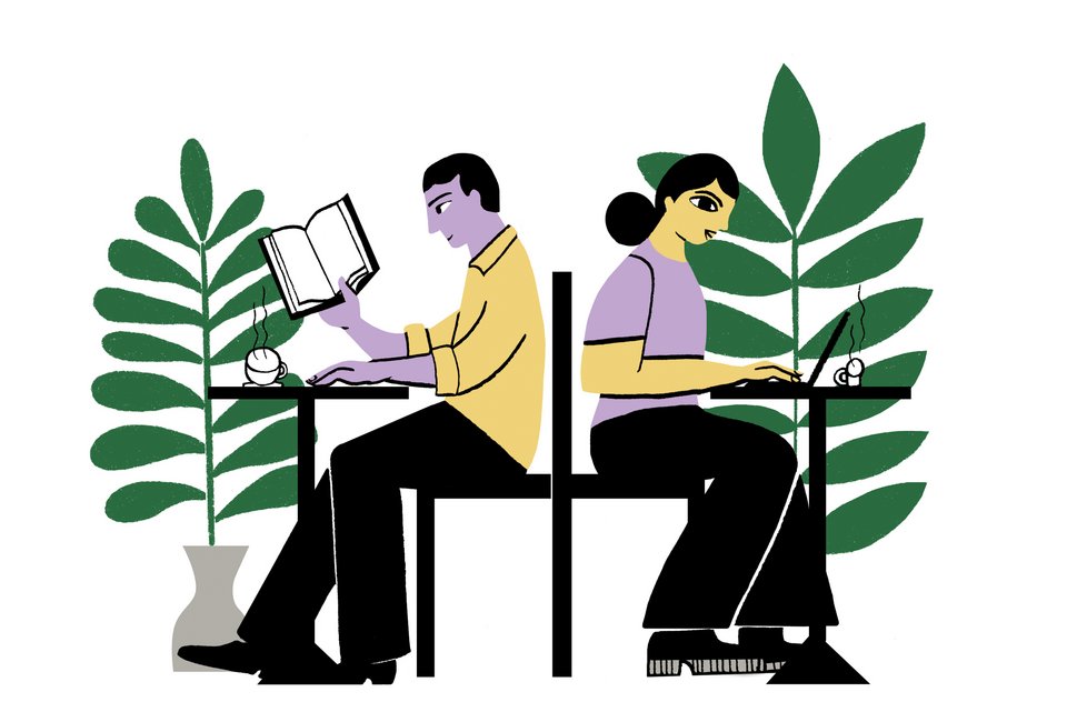 Die Illustration zeigt zwei Personen, die mit dem Rücken zueinander in einem Café sitzen und arbeiten, daneben stehen große Raumpflanzen