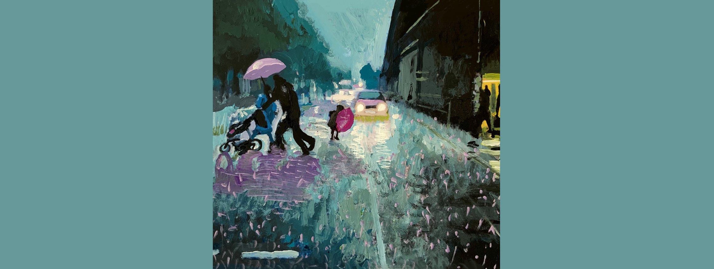 Die Illustration zeigt eine Straßenszene bei düsterem Regenwetter mit Fußgängern, Kinderwagen, Autos und Regenschirmen