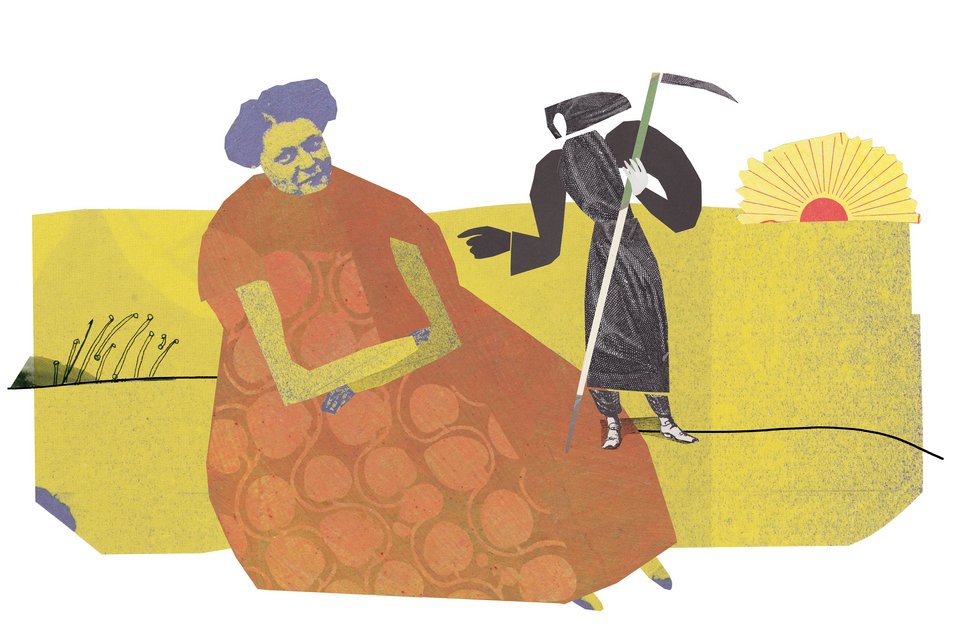 Die Illustration zeigt an alte Frau, dahinter den Sensenmann