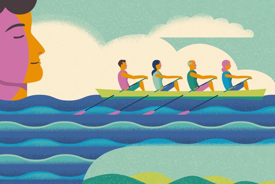 Ein Person streckt seinen Arm aus, der eine Welle darstellt, darauf sind vier Personen auf einem Ruderboot, die davon rudern