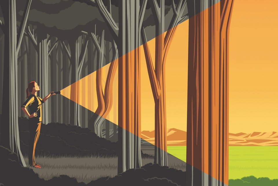 Die Illustration zeigt eine Frau, die in einem dunklen Wald steht, und mit einer Taschenlampe herausleuchtet in die offene und helle Landschaft