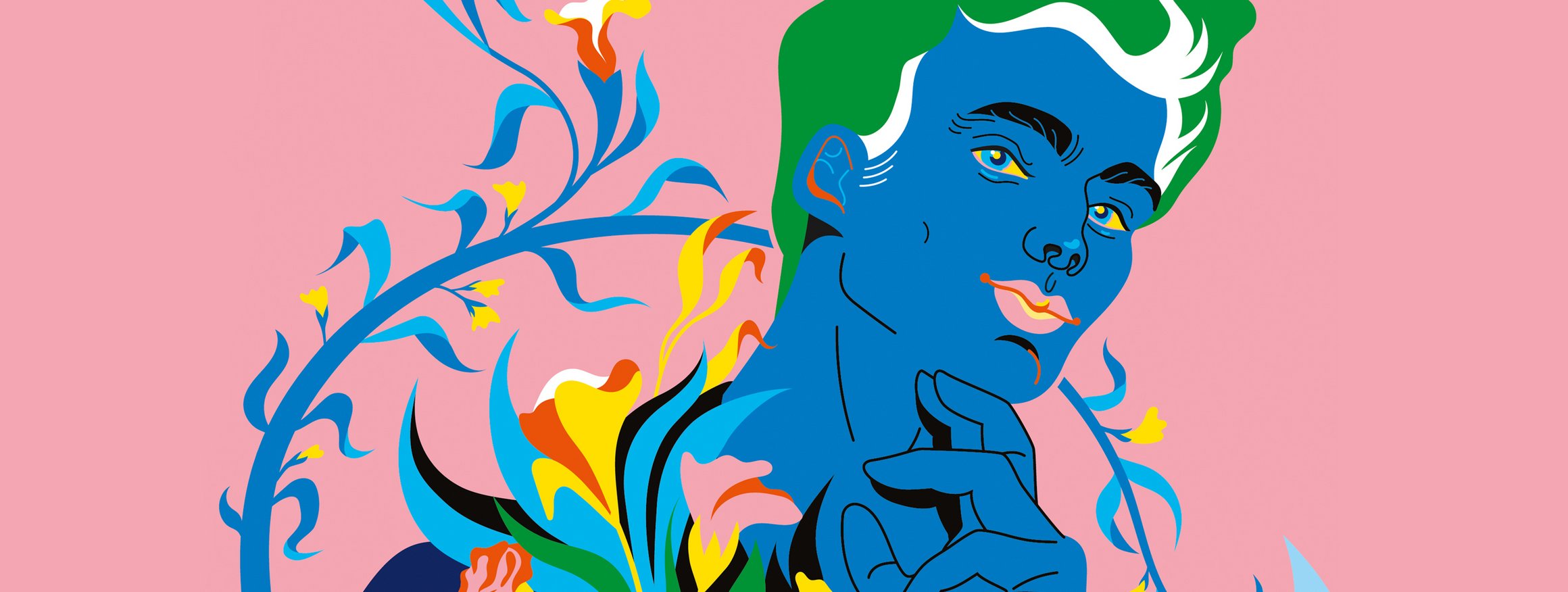Die Illustration zeigt einen narzisstischen Mann mit blauer Haut und giftgrünen Haaren umringt von schönen Blumen