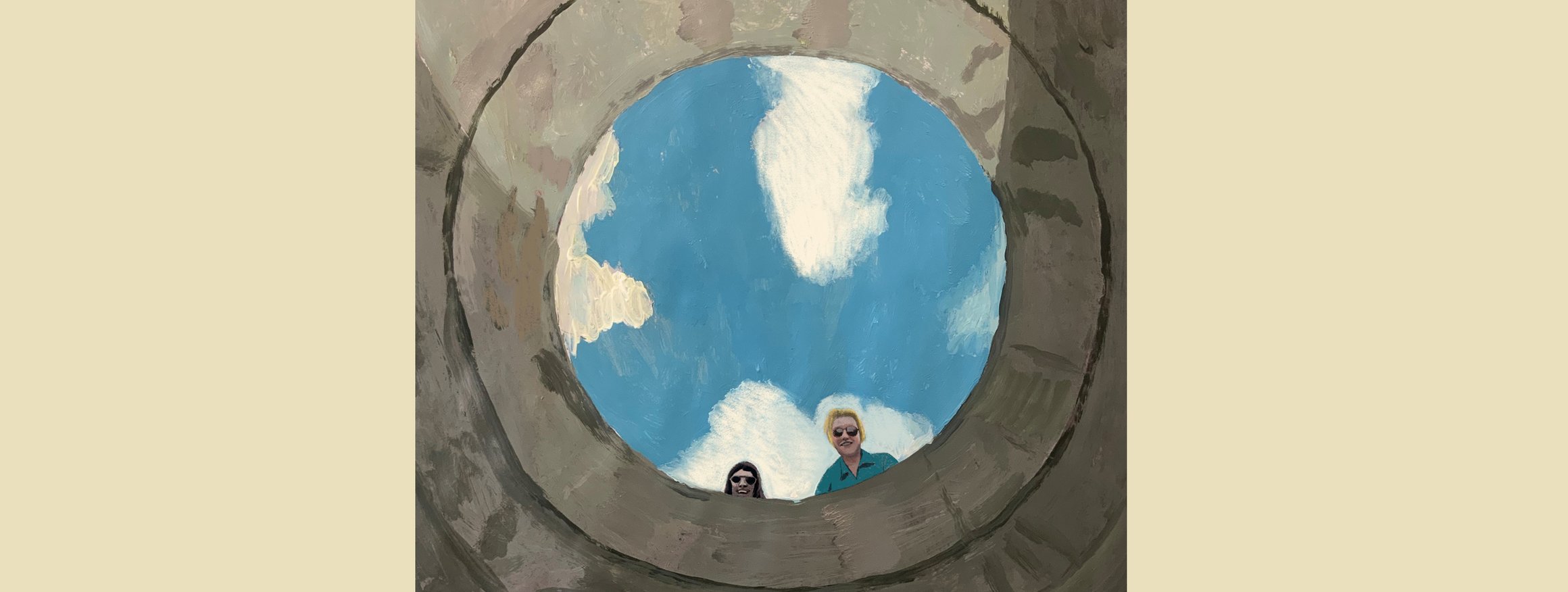 Die Illustration zeigt eine runde Öffnung in die zwei Personen hineinschauen, hinter ihnen sieht man den blauen Himmel mit weißen Wolken