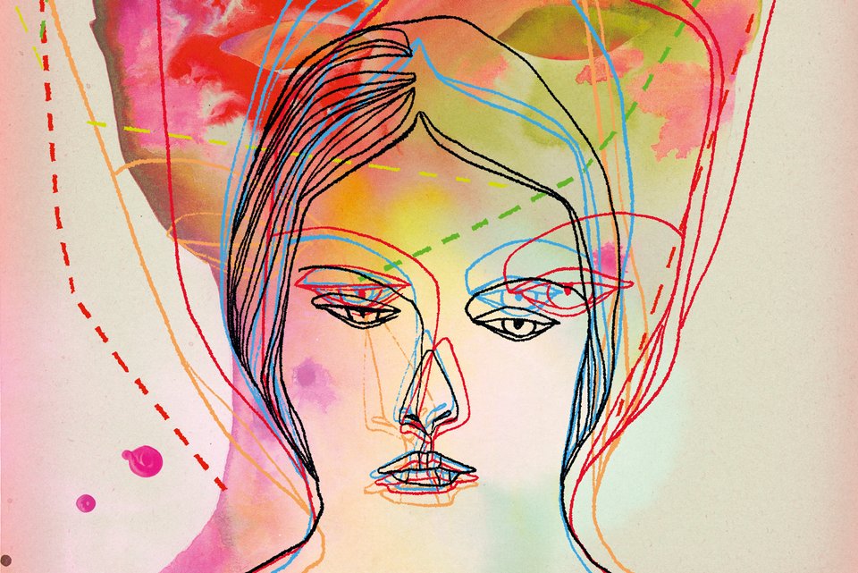 Die Illustration zeigt eine Frau mit doppeltem Gesicht mit buntem Bewusstsein