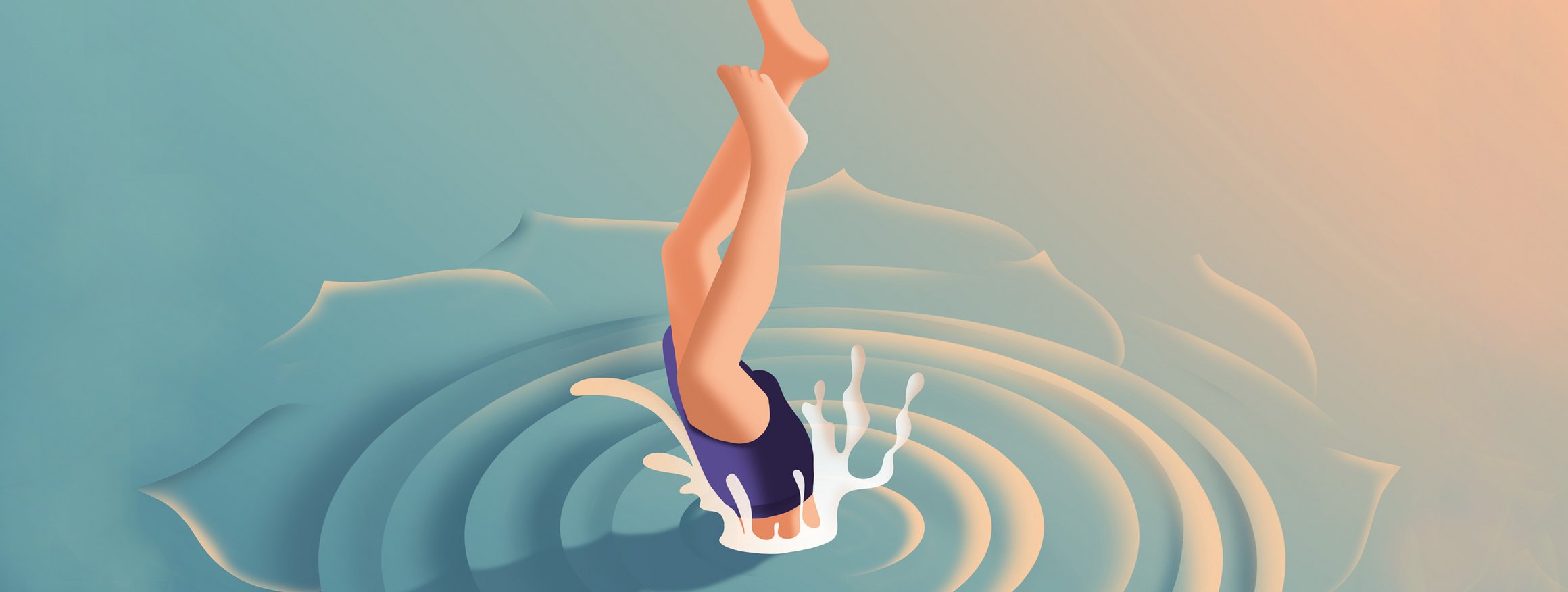 Die Illustration zeigt einen Mann mit blauer Badehose, der in sauberes Wasser eintaucht, mit dem Kopf zuerst