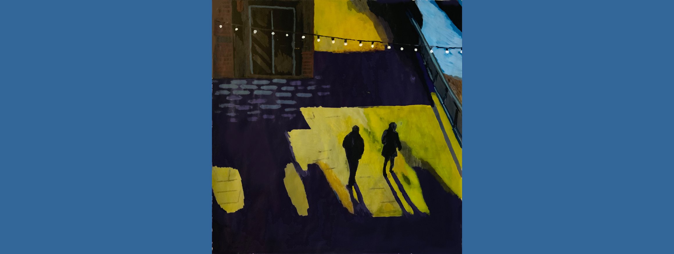 Das Gemälde von Andrea Venture zeigt zwei dunkle Gestalten an einer Häuserwand mit Schatten.