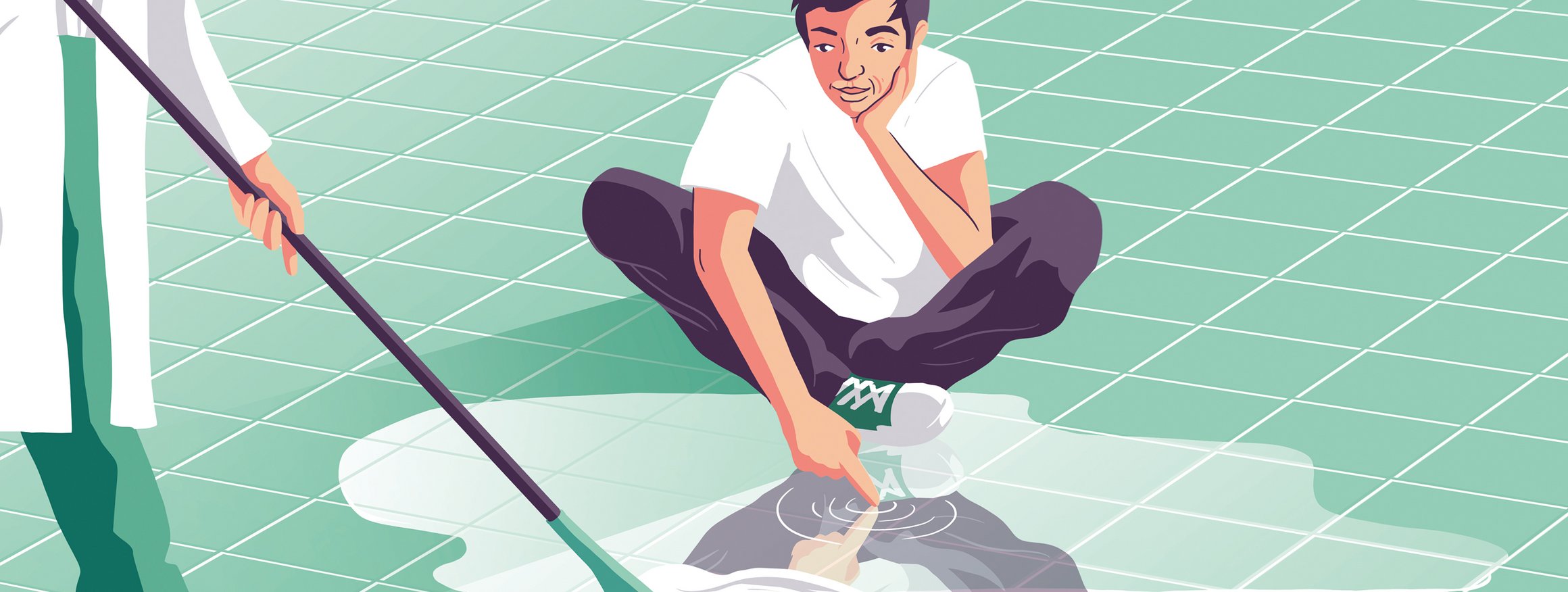 Die Illustration zeigt einen Mann in einer psychiatrischen Klinik, der nachdenklich auf dem Boden sitzt und sich im Putzwasser spiegelt, während die Reinigungskraft den Fußboden mit dem Wischmob wischt