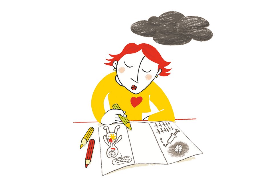 Die Illustration zeigt eine rothaarige Frau, mit einer dunklen Wolke über dem Kopf, die an einem Tisch sitzt und auf einem Papier Bilder zeichnet