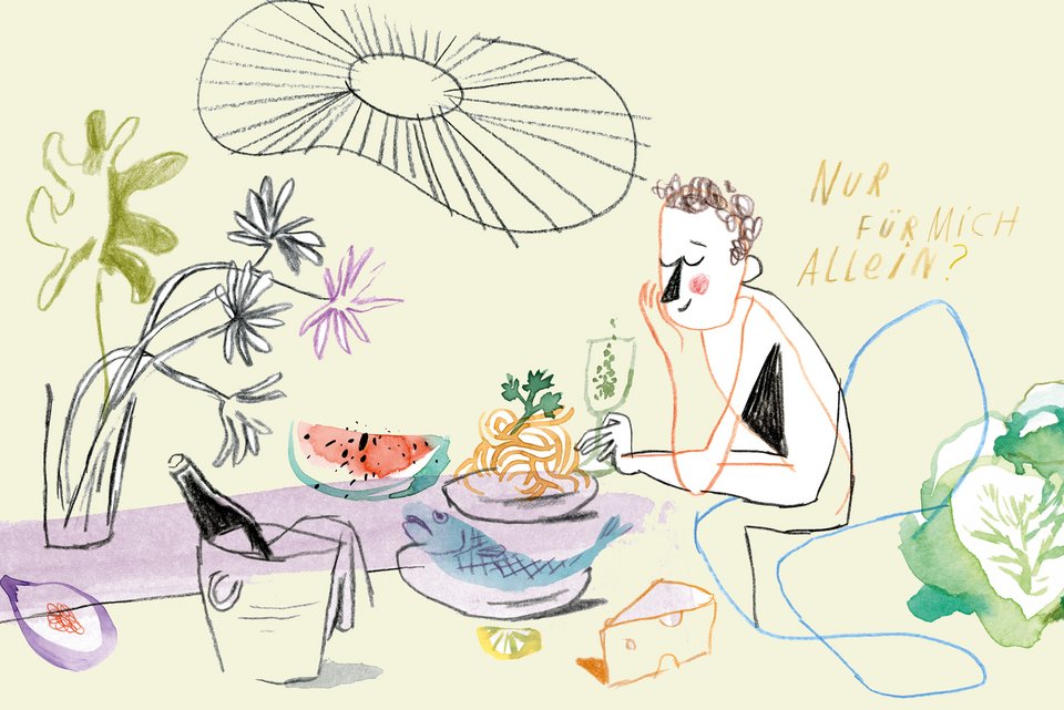 Die Illustration zeigt einen Mann, der allein an einem Esstisch sitzt und allein sein Essen und Getränk genießt.