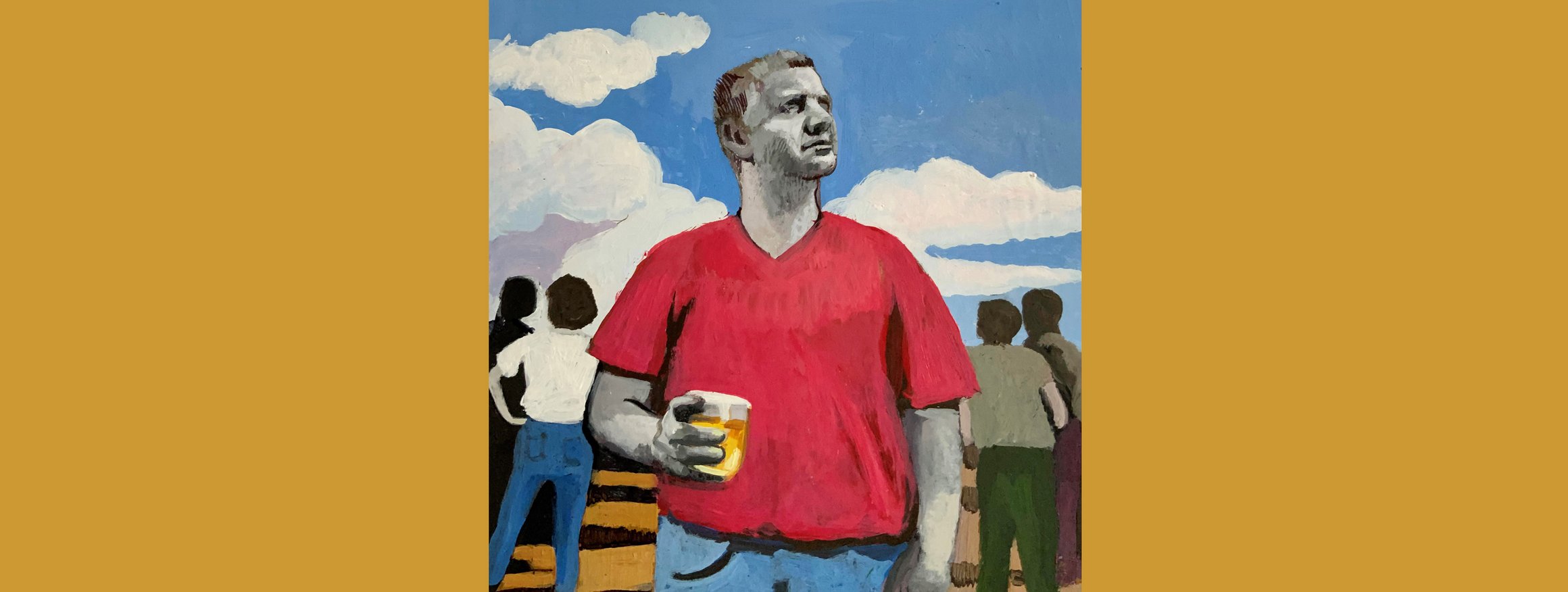 Die Illustration zeigt einen Mann in einem roten T-Shirt, hinter ihm der blaue Himmel mit ein paar weißen Wolken
